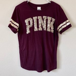 PINK Maroon & Gold Glitter Sequin Bling Graphic Logo Varsity Tee Vintage y2k